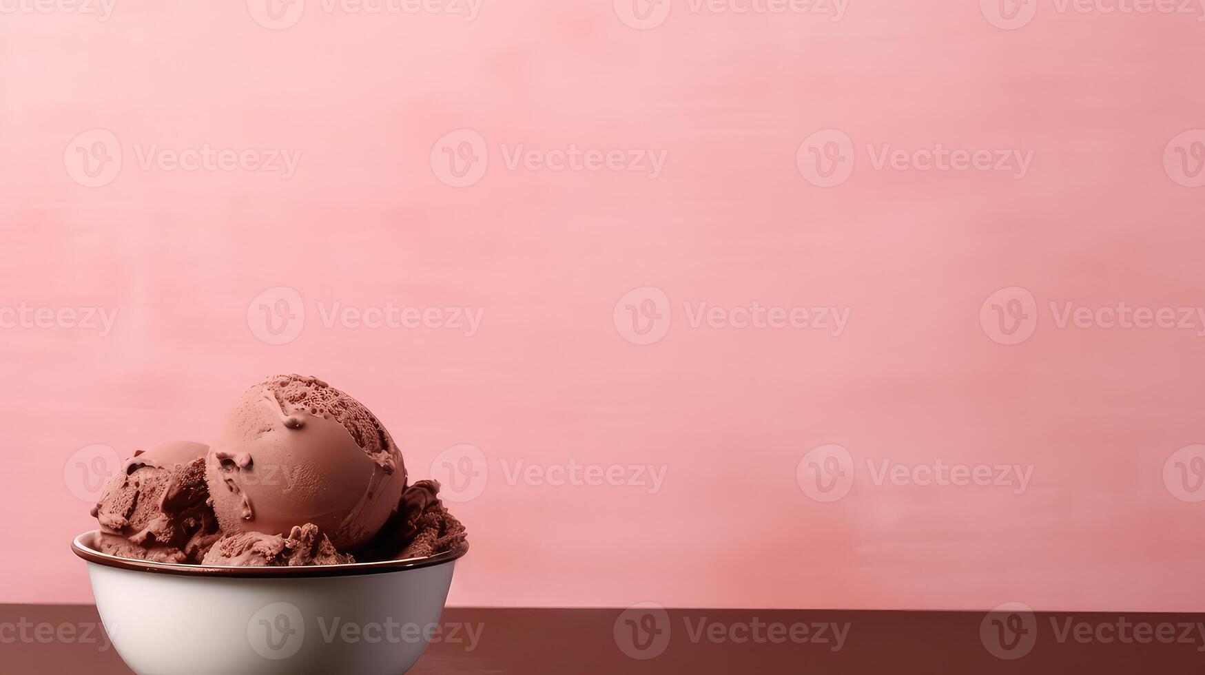 ai generato cioccolato ghiaccio crema nel un' bianca ciotola su di legno tavolo con rosa sfondo foto