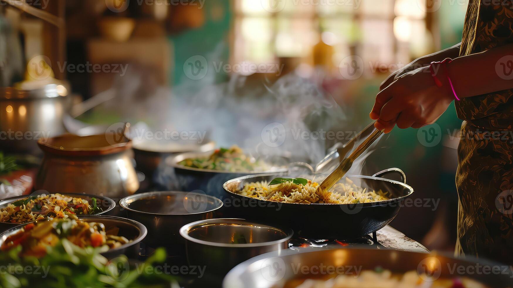 ai generato asiatico donna cucinando pilaf nel un' padella, avvicinamento. foto