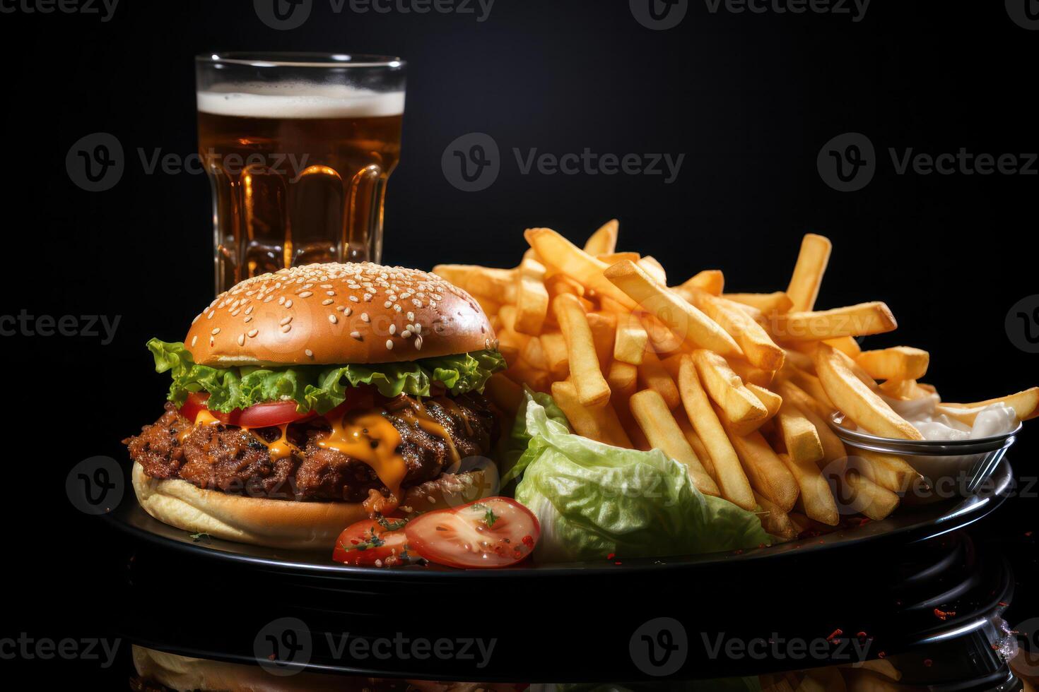 ai generato hamburger, francese patatine fritte, birra bevanda su nero sfondo foto