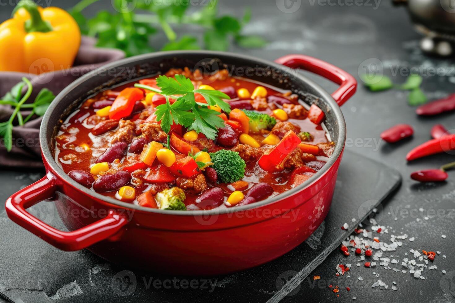 ai generato messicano caldo chili con carne, fagioli, tritato carne e verdure stufato nel pomodoro salsa foto