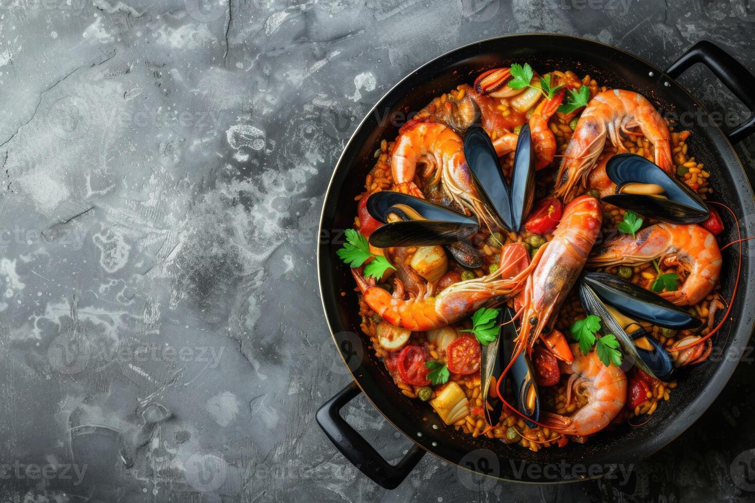 ai generato tradizionale spagnolo paella con frutti di mare, pollo, riso e verdure servito nel un' padella foto