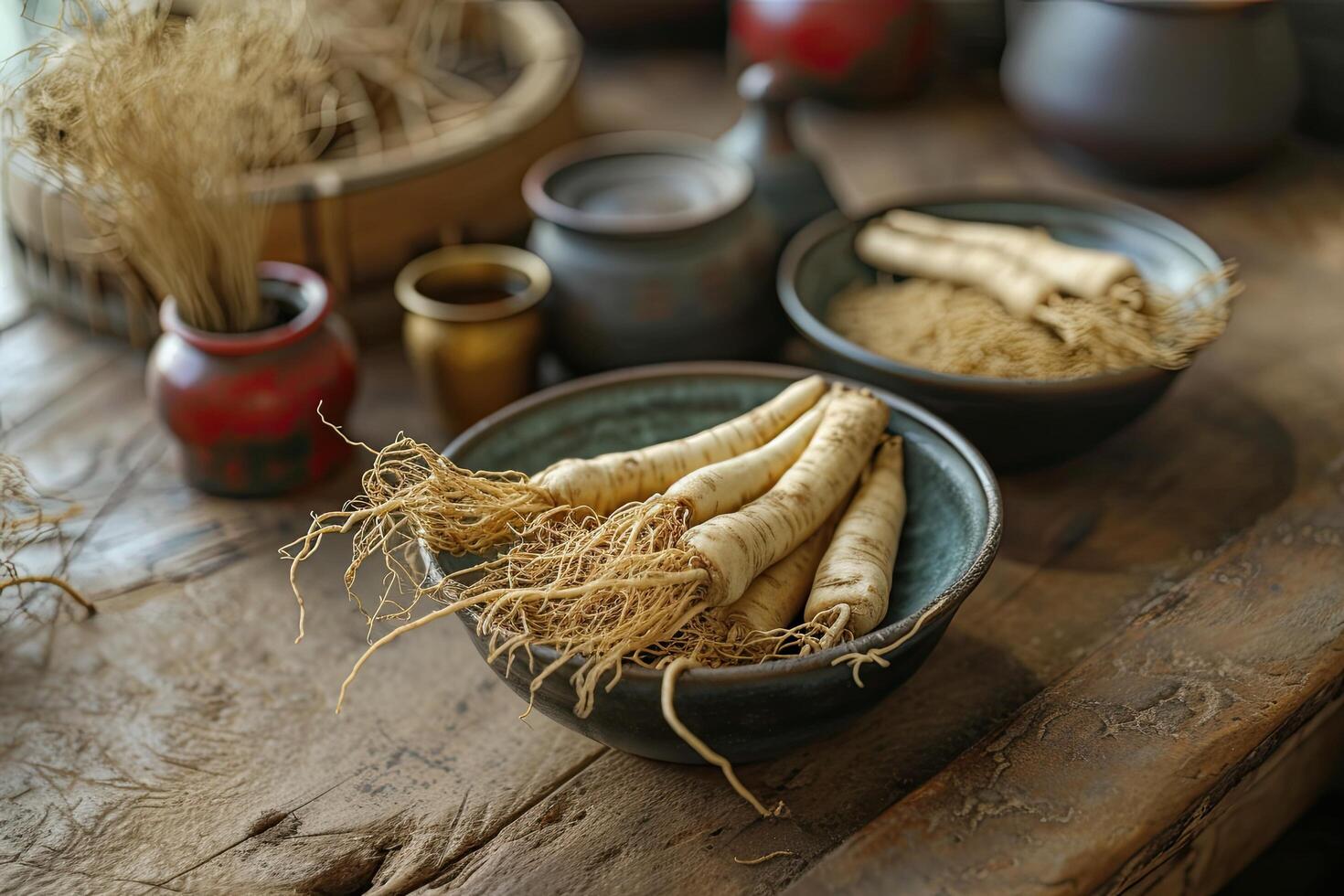 ai generato selvaggio ginseng radici pianta, Cinese erbaceo farmacia foto