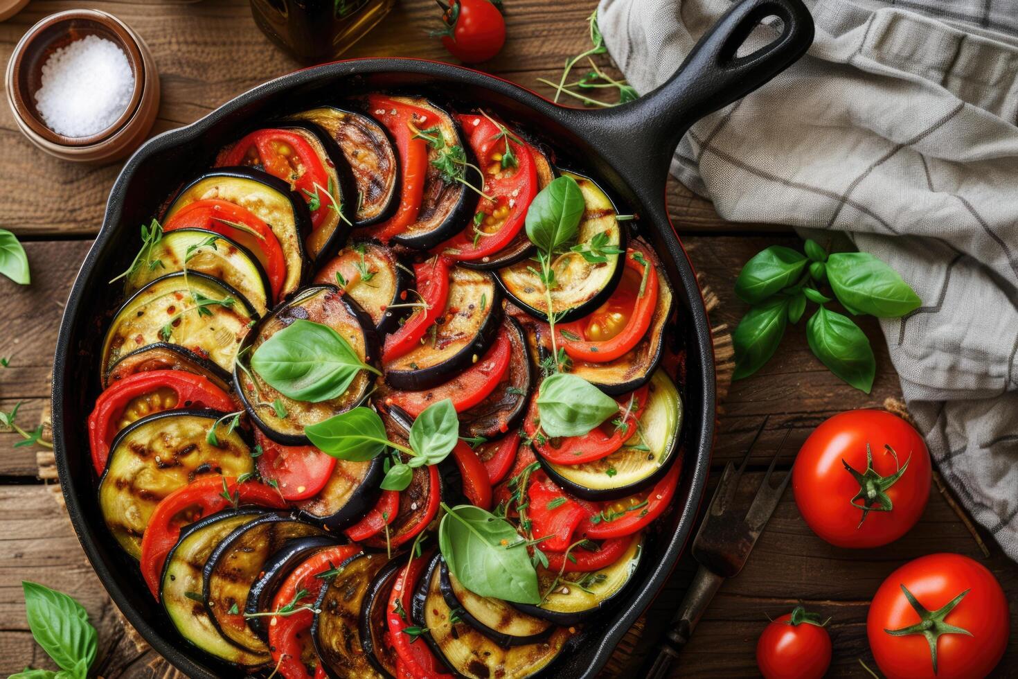 ai generato tradizionale francese Ratatouille con pomodori, melanzana e zucchine, superiore Visualizza, copia spazio foto