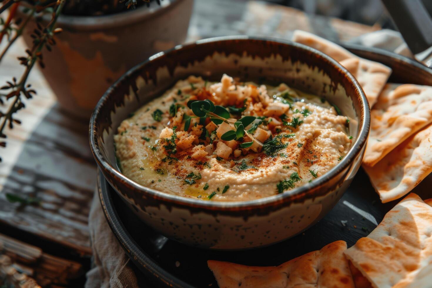 ai generato hummus tuffo con ceci, prezzemolo, oliva olio, Pita patatine fritte foto