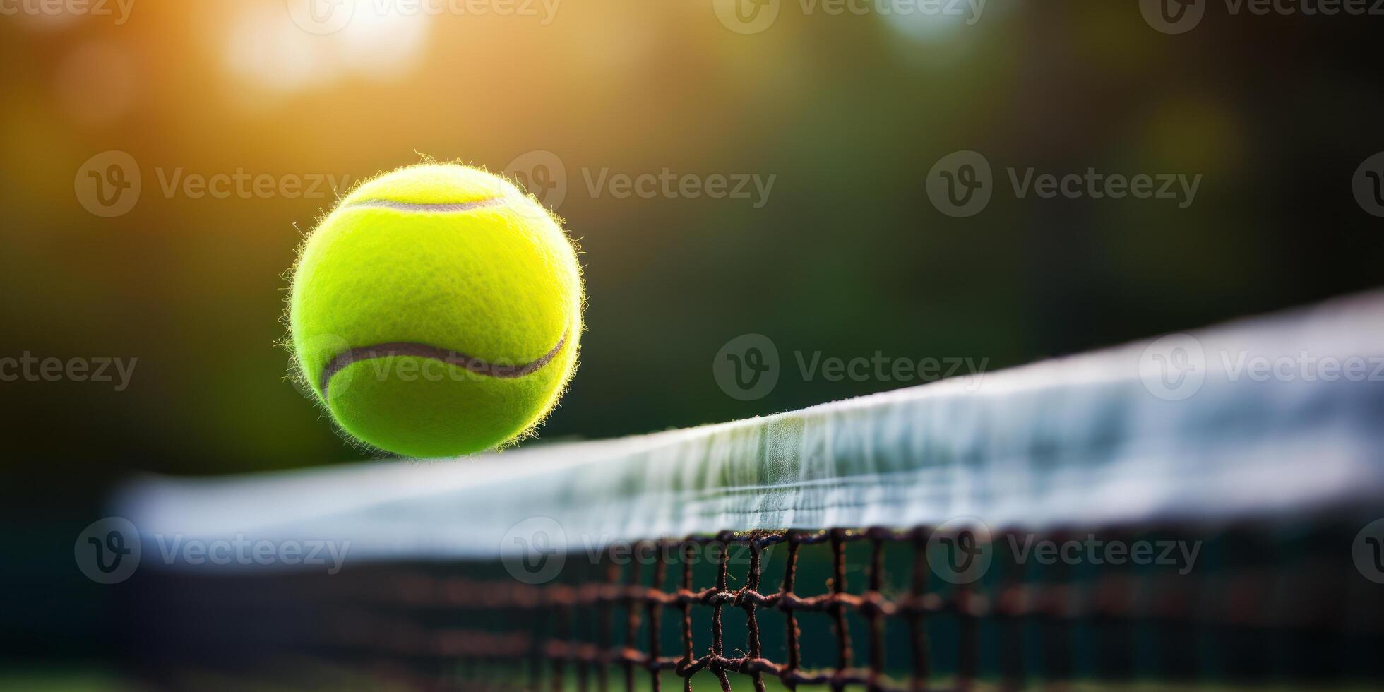 ai generato tennis palla equilibrio su tennis netto avvicinamento. sport torneo. competitivo incontro. copia spazio foto