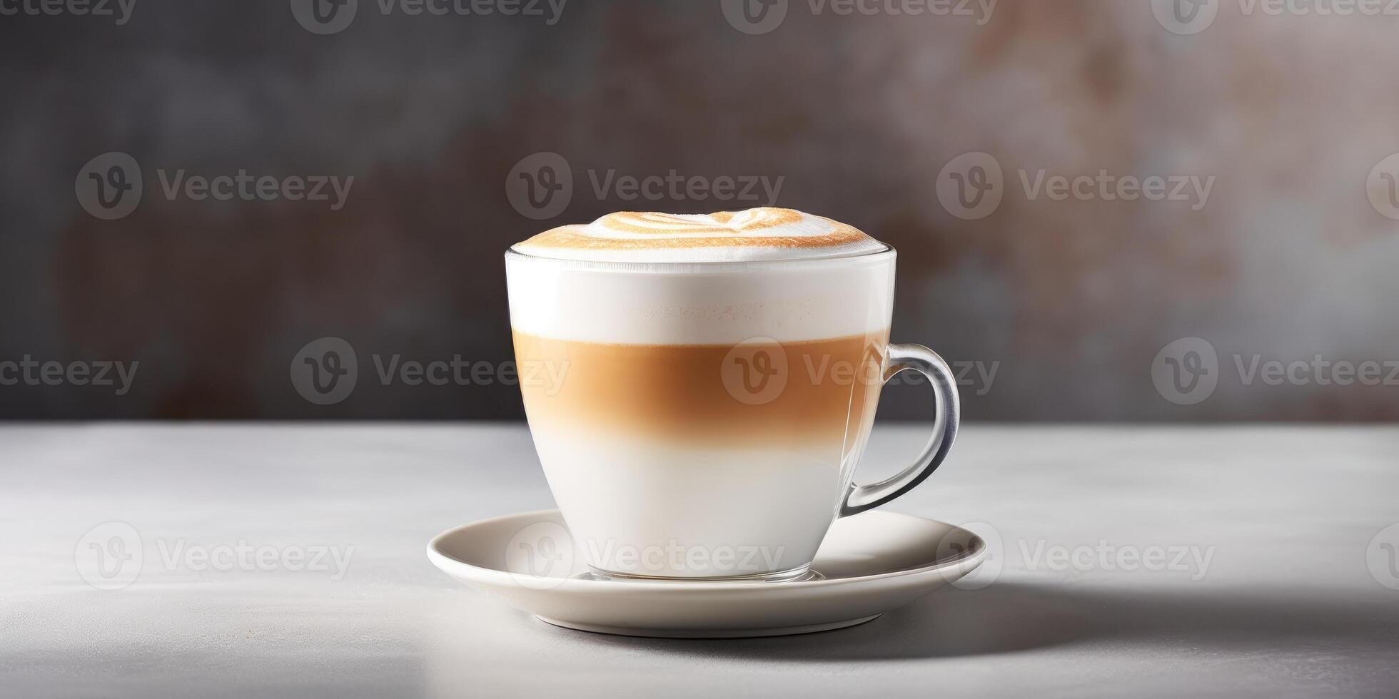 ai generato caldo latte macchiato nel bicchiere tazza su un' tavolo. cappuccino boccale con latte schiuma. cremoso aromatico prima colazione bere. avvicinamento caffeina bevanda. foto