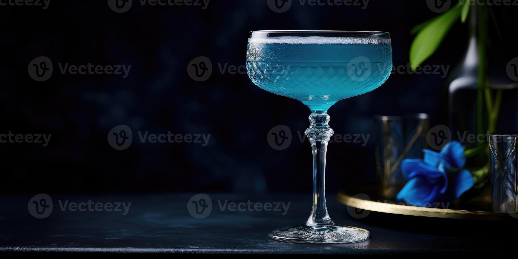 ai generato ghiacciato cocktail bicchiere su buio sfondo. blu laguna. festa bevanda, alcolizzato tropicale bere. avvicinamento, copia spazio, davanti Visualizza. foto