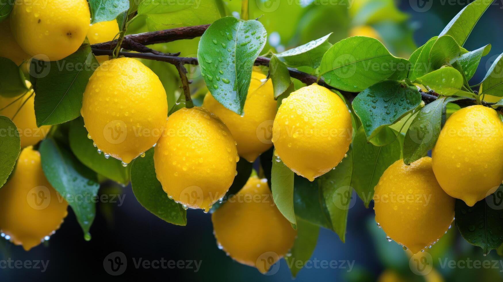 ai generato maturo limoni con gocce di pioggia appendere su rami con le foglie foto