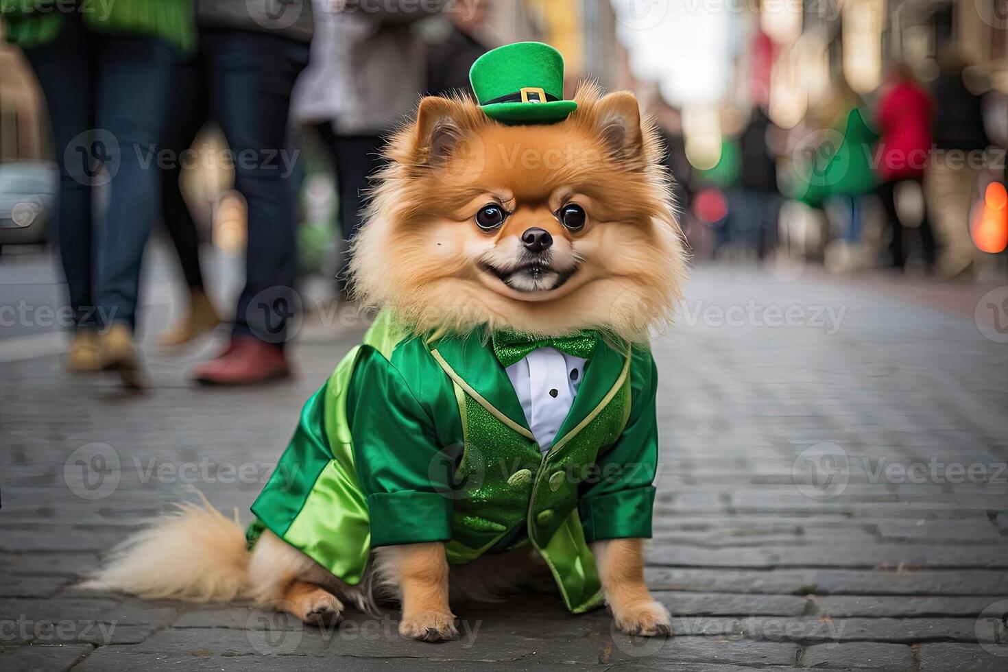 ai generato un' Zenzero cane di il Tedesco spitz razza nel un' verde completo da uomo con trifoglio per il st. Patrick giorno vacanza su il strada di il città. Abiti per piccolo razze di cani, festa. ai generato foto