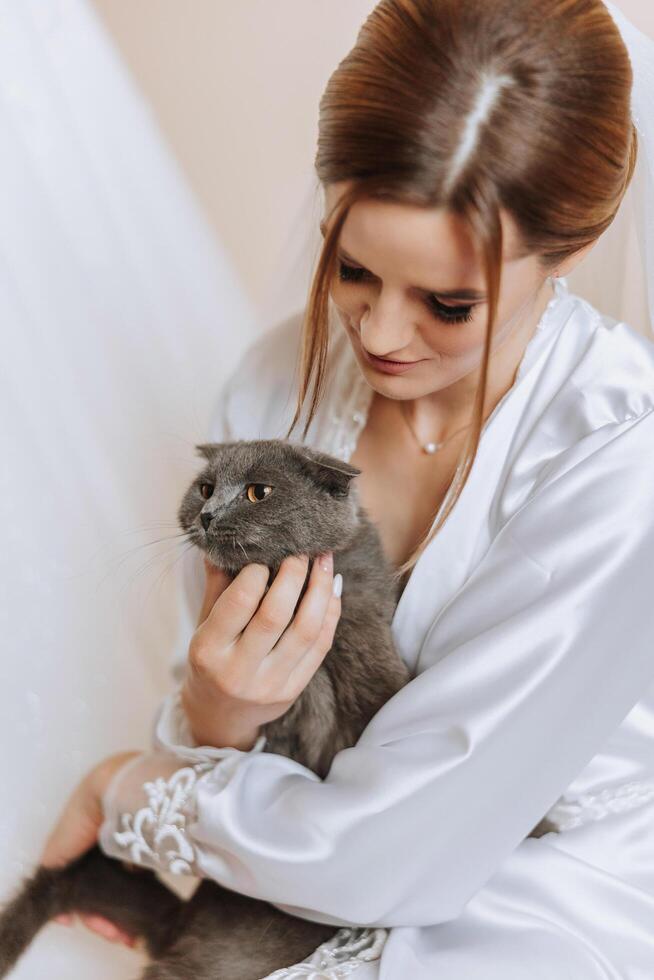 ritratto di un' sposa nel un' Hotel camera con un' gatto nel sua mani. un' bellissimo giovane ragazza indossare un' bianca nozze vestire. moderno nozze acconciatura. naturale trucco. foto