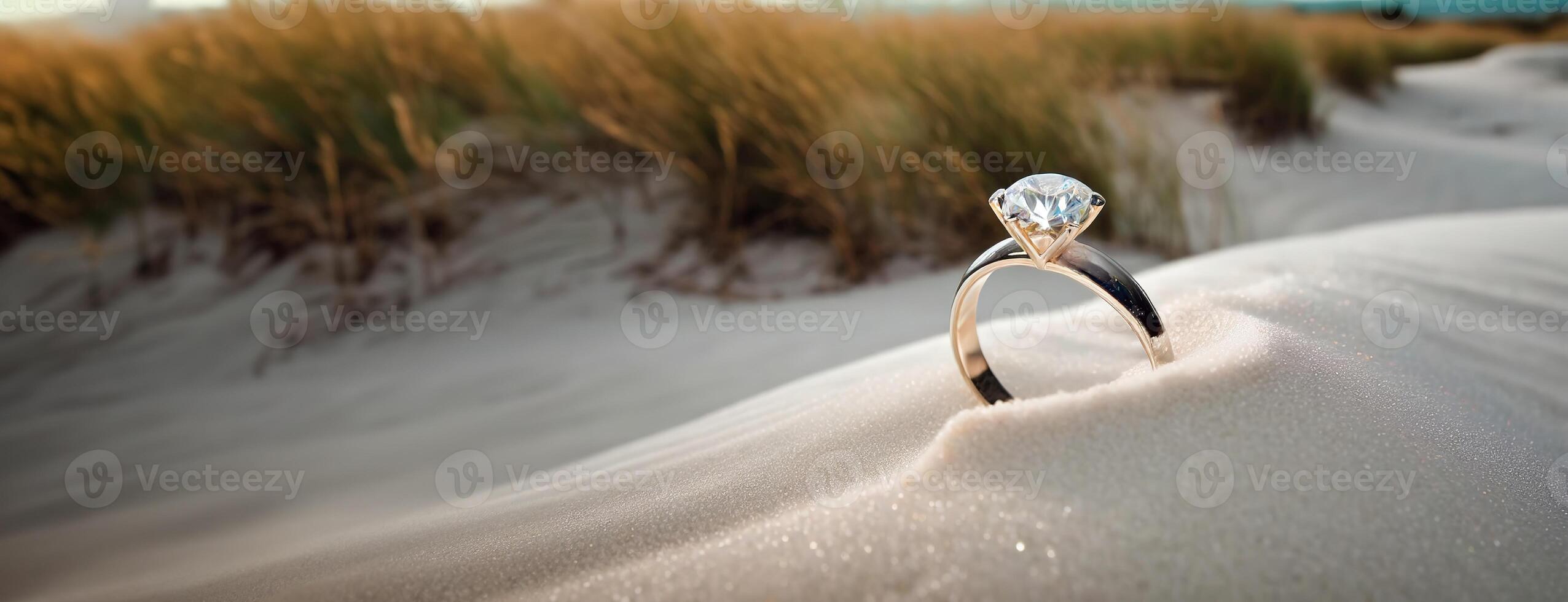 ai generato solitario diamante squillare su un' sabbioso spiaggia. un Fidanzamento squillare sta solo su costa. panorama con copia spazio. foto