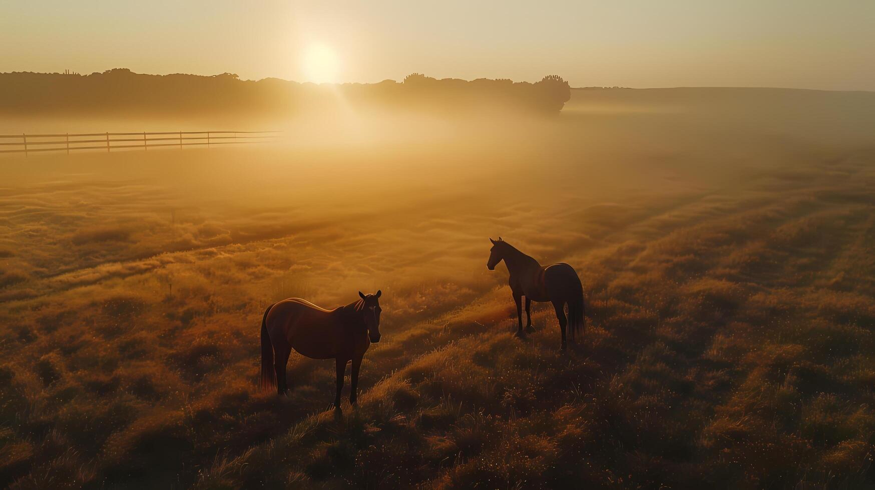 ai generato cavalli siamo a piedi liberamente su il verde prato a tramonto. foto