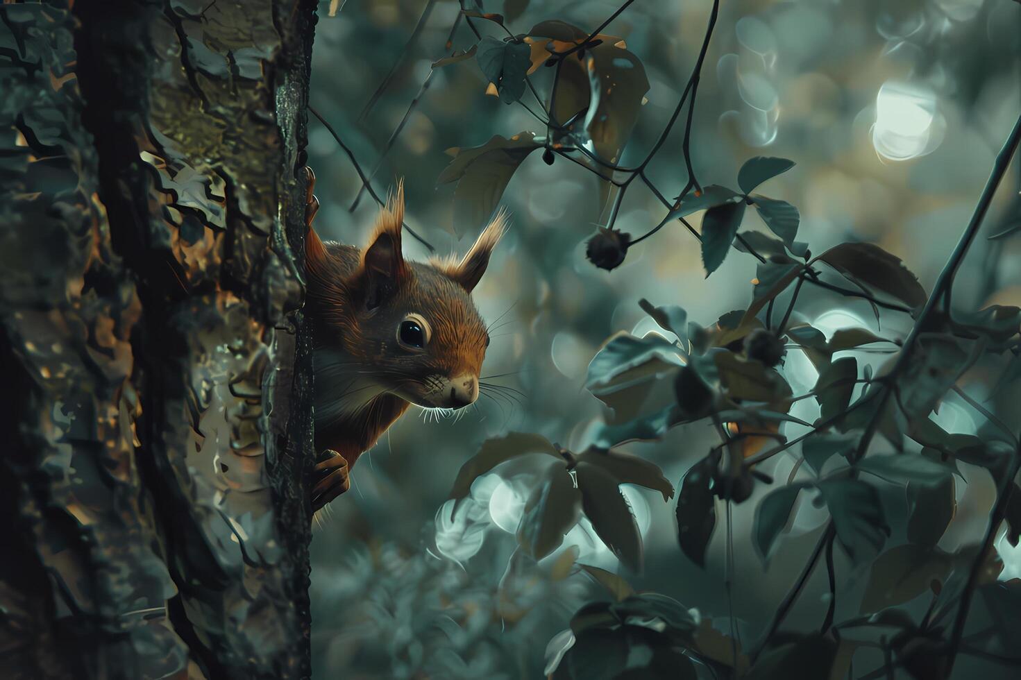 ai generato rosso scoiattolo guardare su di un' albero nel il foresta foto