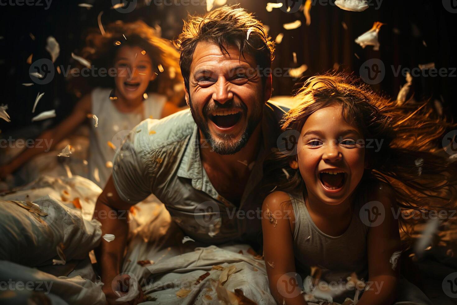 ai generato amichevole contento famiglia, padre madre, bambini avendo divertimento, ridendo. foto