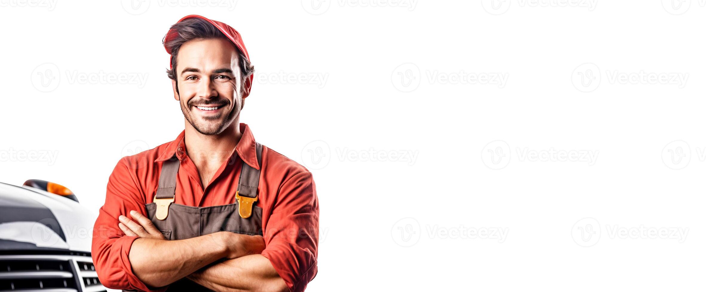 ai generato vicino su di maschio auto meccanico sorridente, riuscito servizio, bianca sfondo isolato. foto