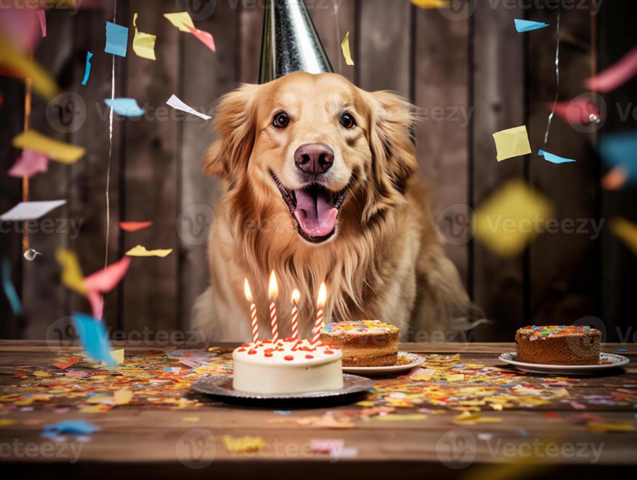 ai generato cane compleanno festa. il cane seduta a il tavolo indossare un' compleanno cap. un' torta con candele e coriandoli su il tavolo. realistico cibo foto, avvicinamento. ai generato foto