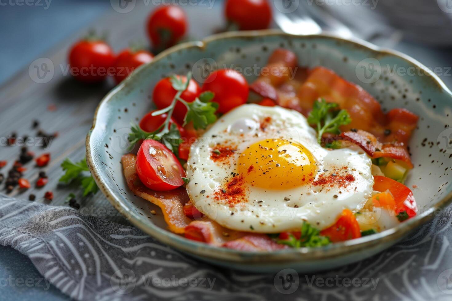 ai generato bellissimo e salutare prima colazione. fritte uovo con ciliegia pomodori, Bacon, verdure e erbe aromatiche. realistico cibo foto, avvicinamento. ai generato foto