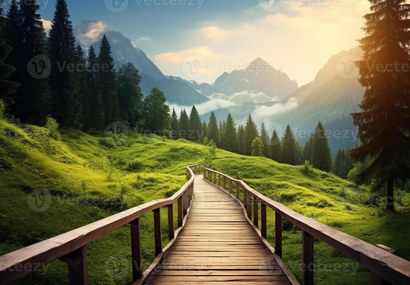 ai generato un' ponte al di sopra di un' fiume nel un' foresta foto