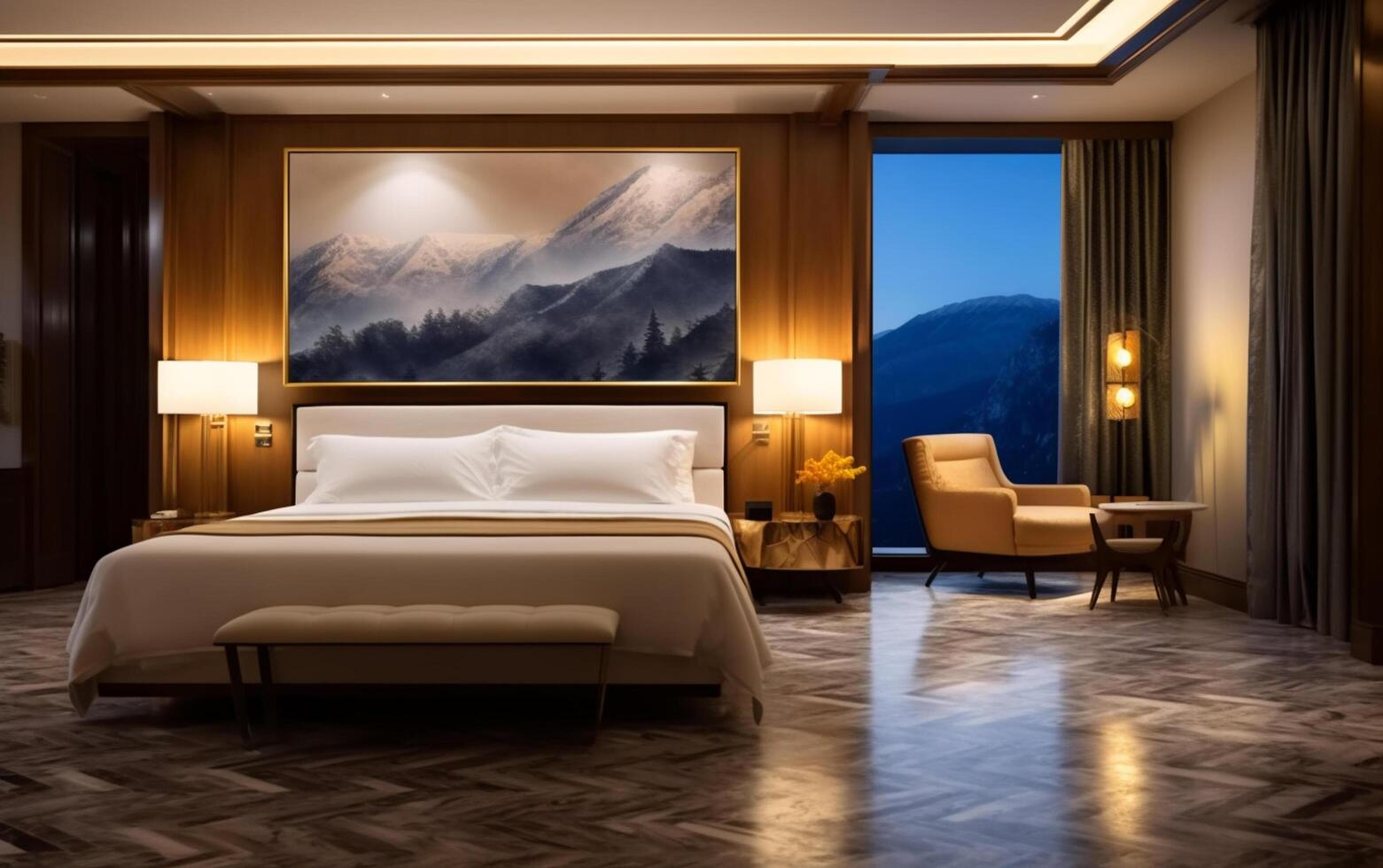 ai generato 3d interpretazione bellissimo comtemporary lusso Camera da letto suite nel Hotel con tv foto