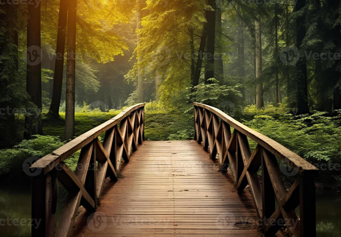 ai generato un' ponte al di sopra di un' fiume nel un' foresta foto