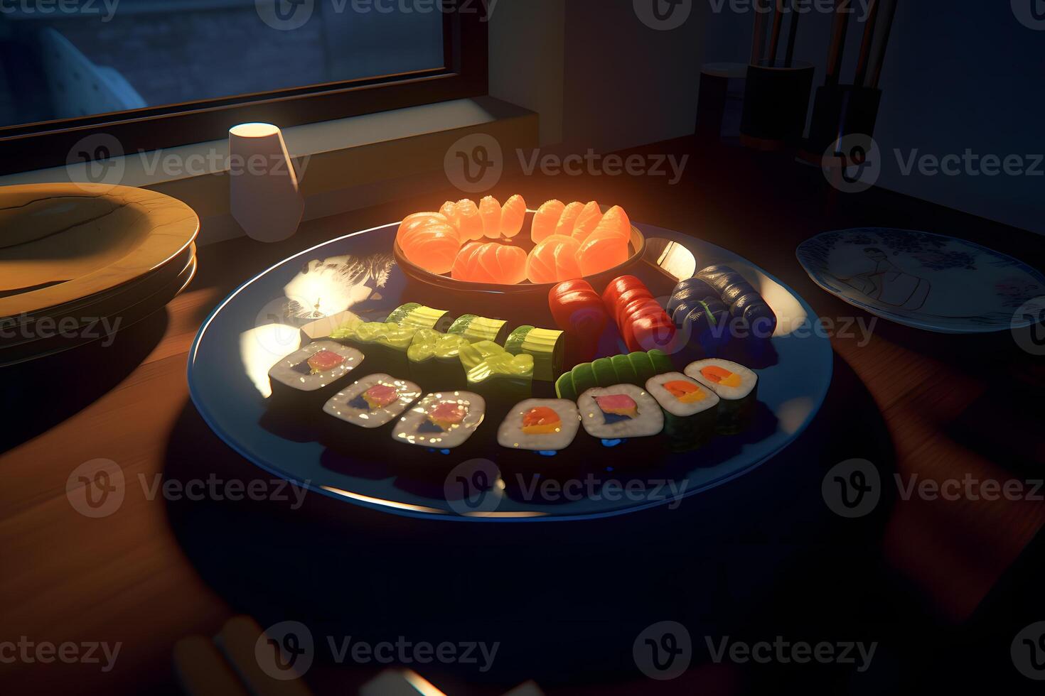 ai generato avvicinamento Visualizza di delizioso Sushi impostato su ardesia tavole. neurale Rete ai generato foto
