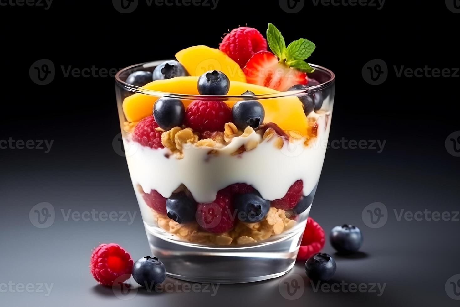 ai generato salutare colazione, naturale Yogurt con fresco frutti di bosco e muesli. neurale Rete ai generato foto