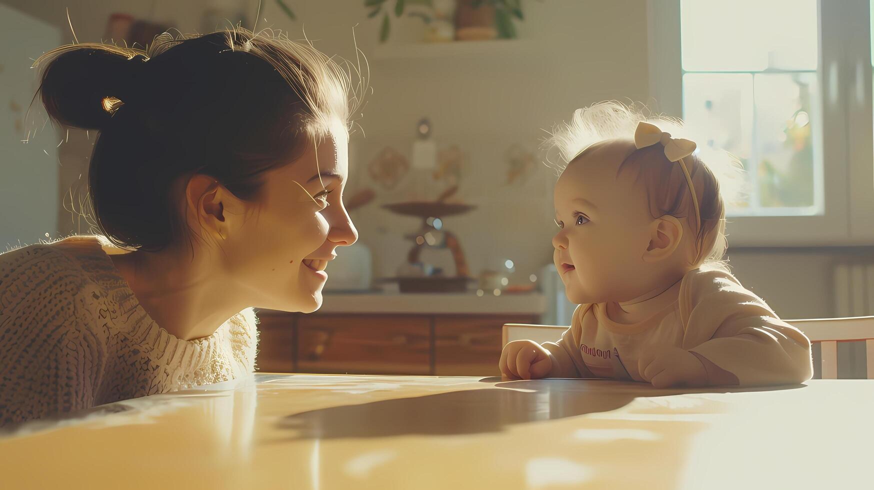 ai generato un' madre e sua poco figlia siamo seduta a un' tavolo, guardare contento. foto