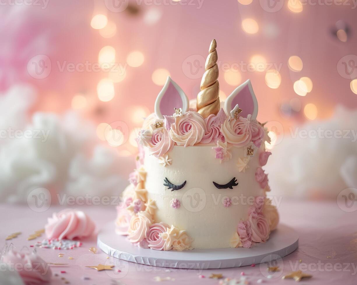 ai generato un' capriccioso unicorno a tema compleanno torta elegantemente visualizzato con morbido illuminazione foto