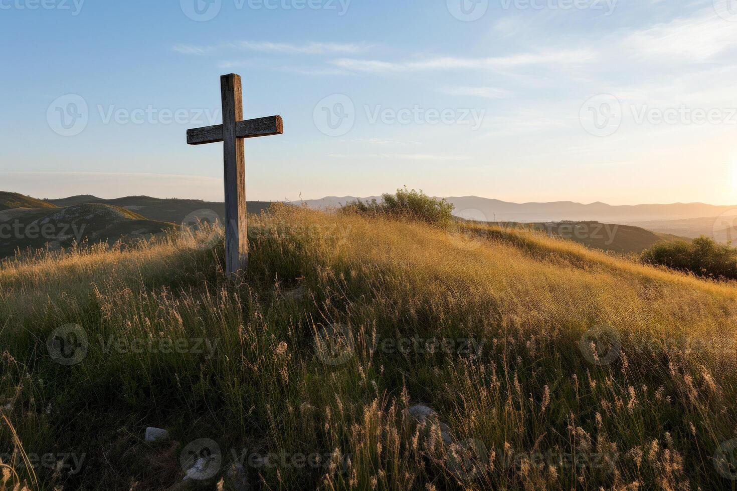 ai generato religioso attraversare su il sfondo di un' luminosa tramonto. il concetto di religione e fede. cristianesimo. generativo ai. foto