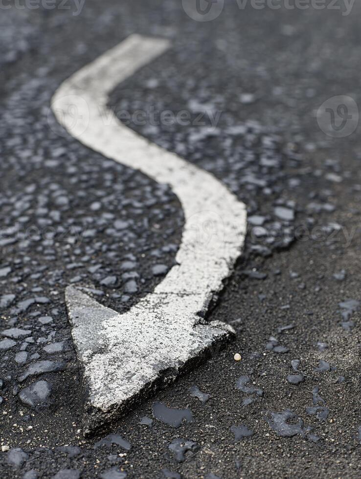 ai generato il freccia riccioli su il asfalto. marcature su il strada. concetto di obbiettivo e sentiero. copia spazio. foto