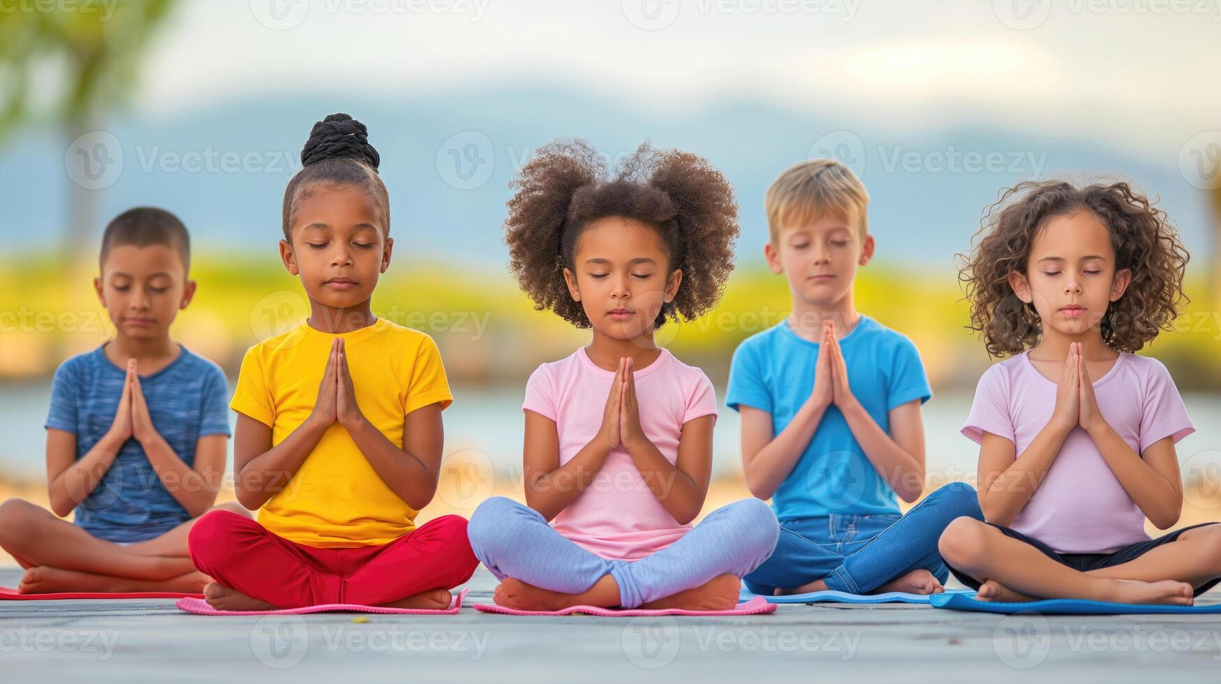 ai generato bambini di diverso generi e nazionalità pratica yoga nel natura. internazionale bambini yoga giorno. aprile 7. orizzontale formato. foto