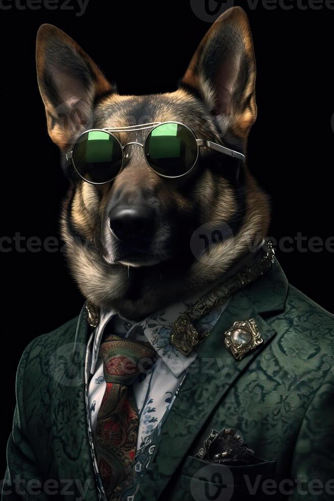 ai generato cane, Tedesco pastore, vestito nel un' moderno completo da uomo con giacca. moda ritratto di un antropomorfo foto