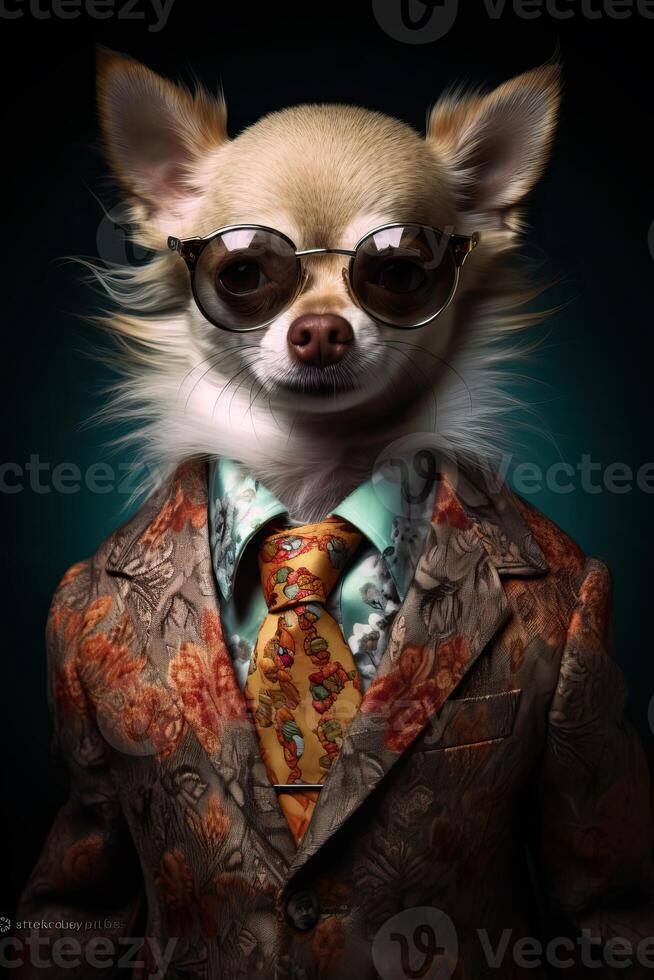 ai generato cane chihuahua vestito nel un elegante moderno completo da uomo con un' simpatico legare, indossare occhiali da sole e un' cap. foto