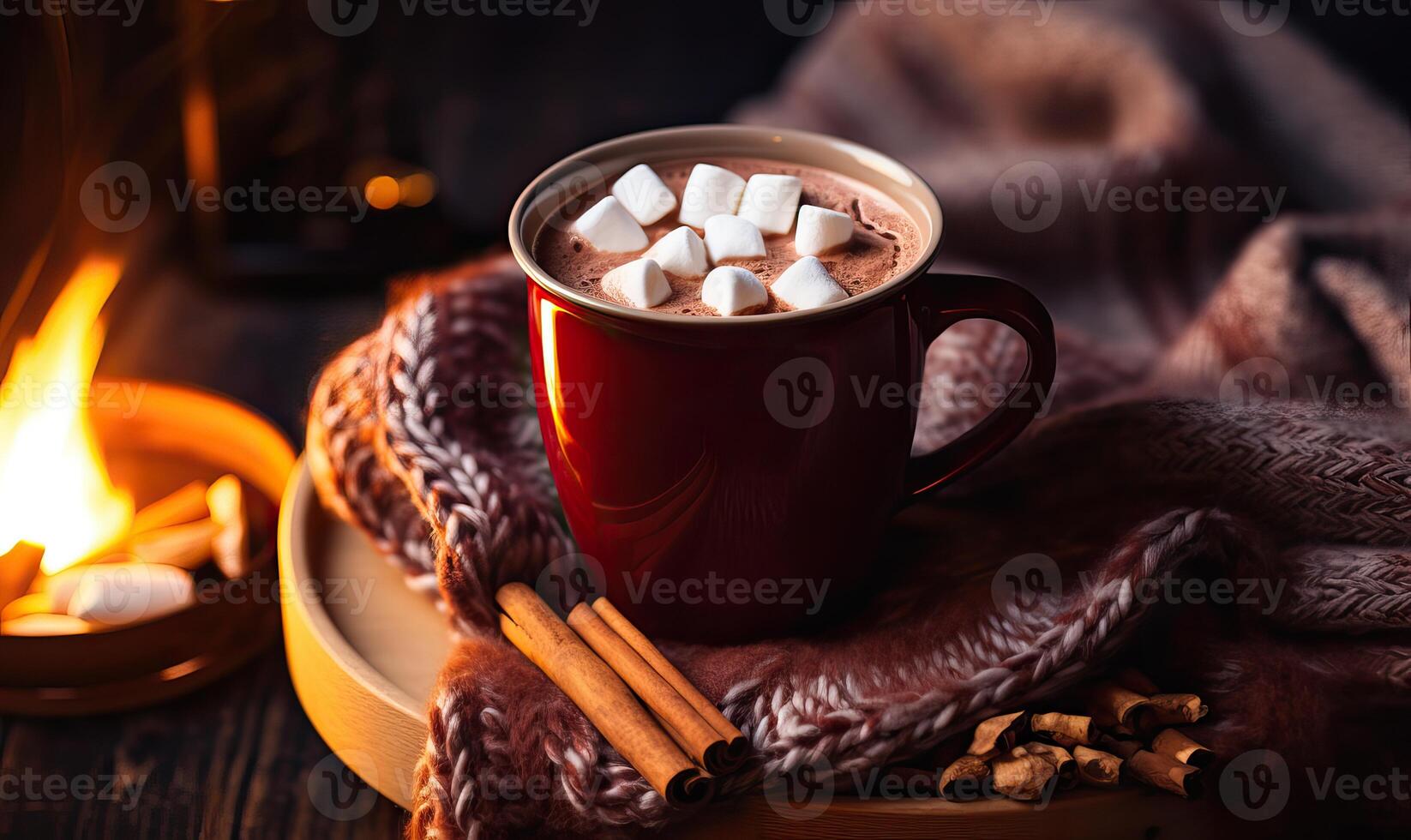 ai generato boccale di caldo cioccolato o caffè di il Natale il camino. donna rilassa di caldo fuoco con un' tazza di foto