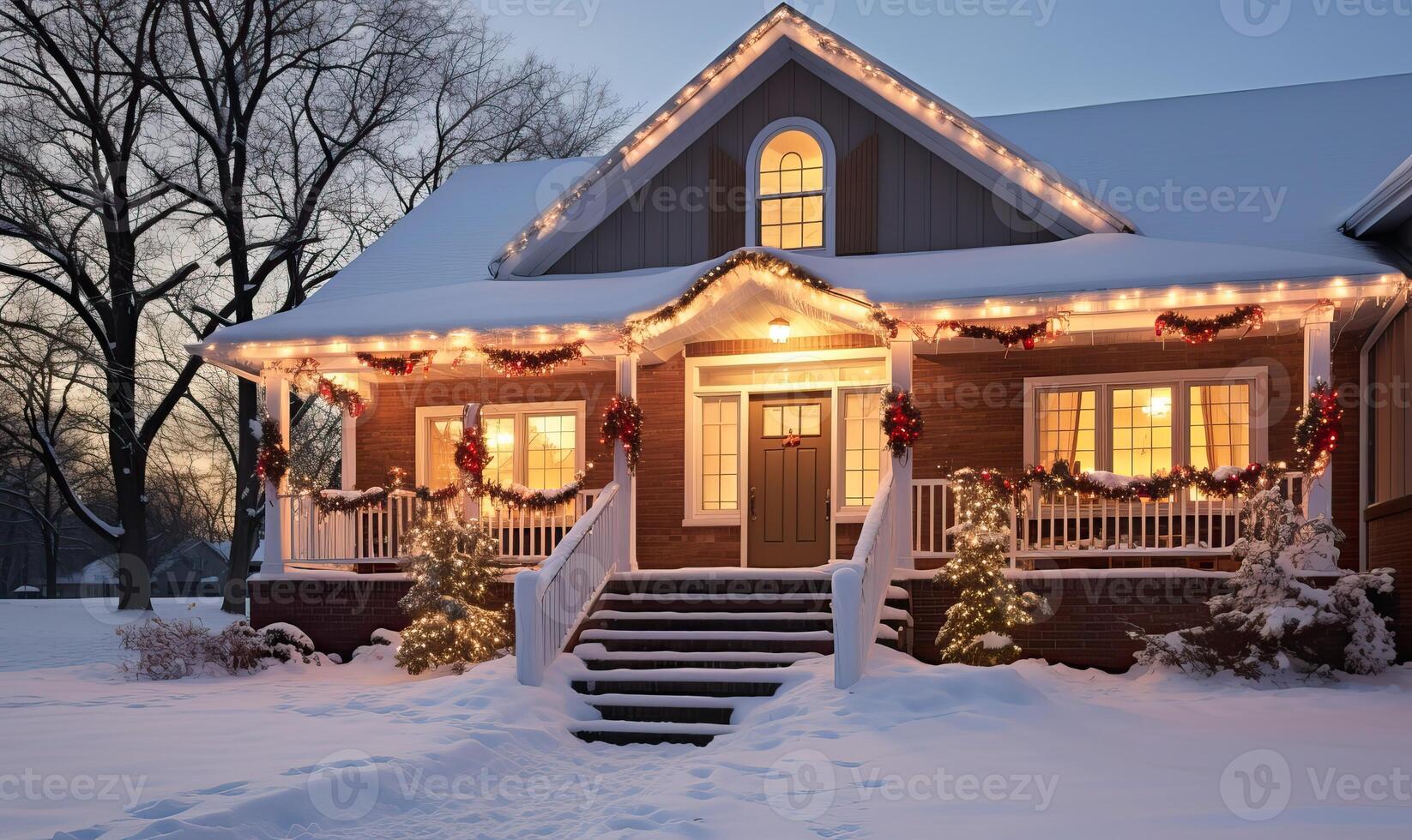 ai generato esterno Natale decorazioni nel il neve, suburbano Stati Uniti d'America Casa coperto Natale luci e festivo foto