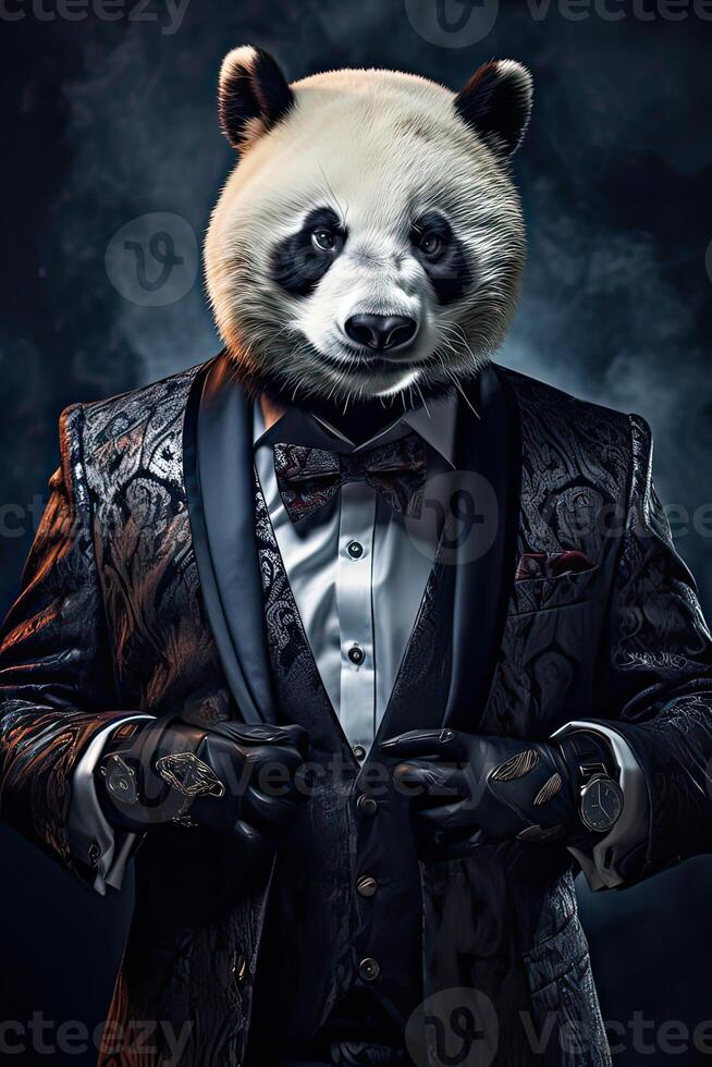 ai generato panda vestito nel un' di classe moderno completo da uomo, in piedi come un' fiducioso capo e un' potente uomo d'affari. foto