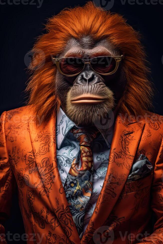 ai generato orangutan vestito nel un elegante moderno arancia completo da uomo con un' simpatico legare. moda ritratto di un foto