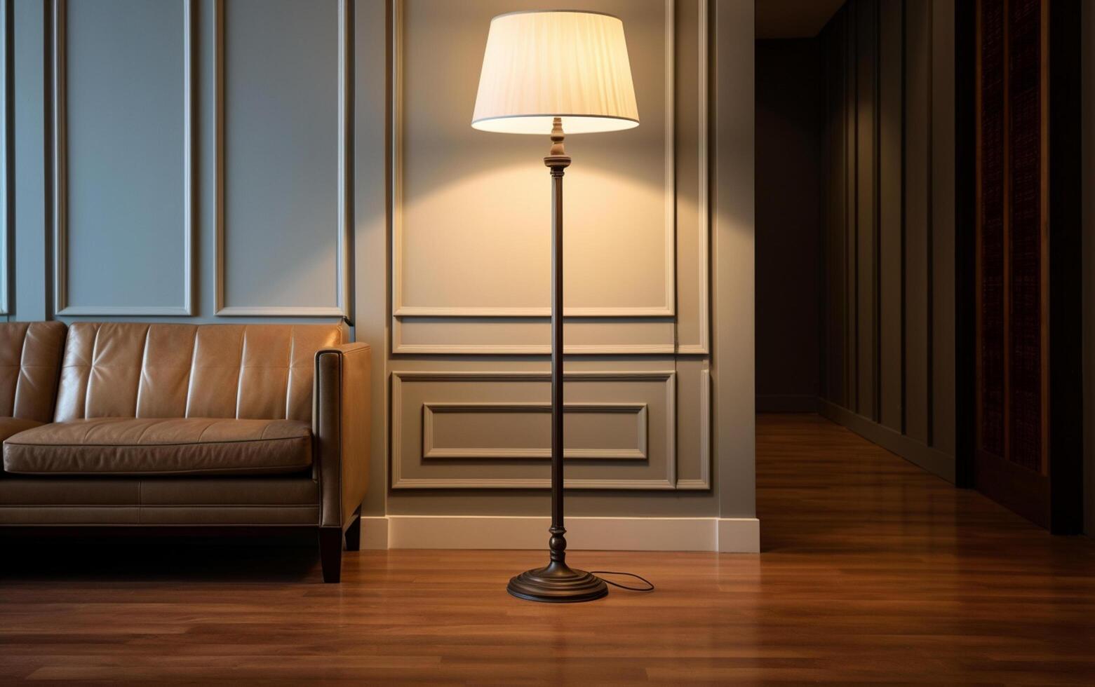 ai generato un' lampada e un' sedia nel un' camera con un' lampada su il parete foto