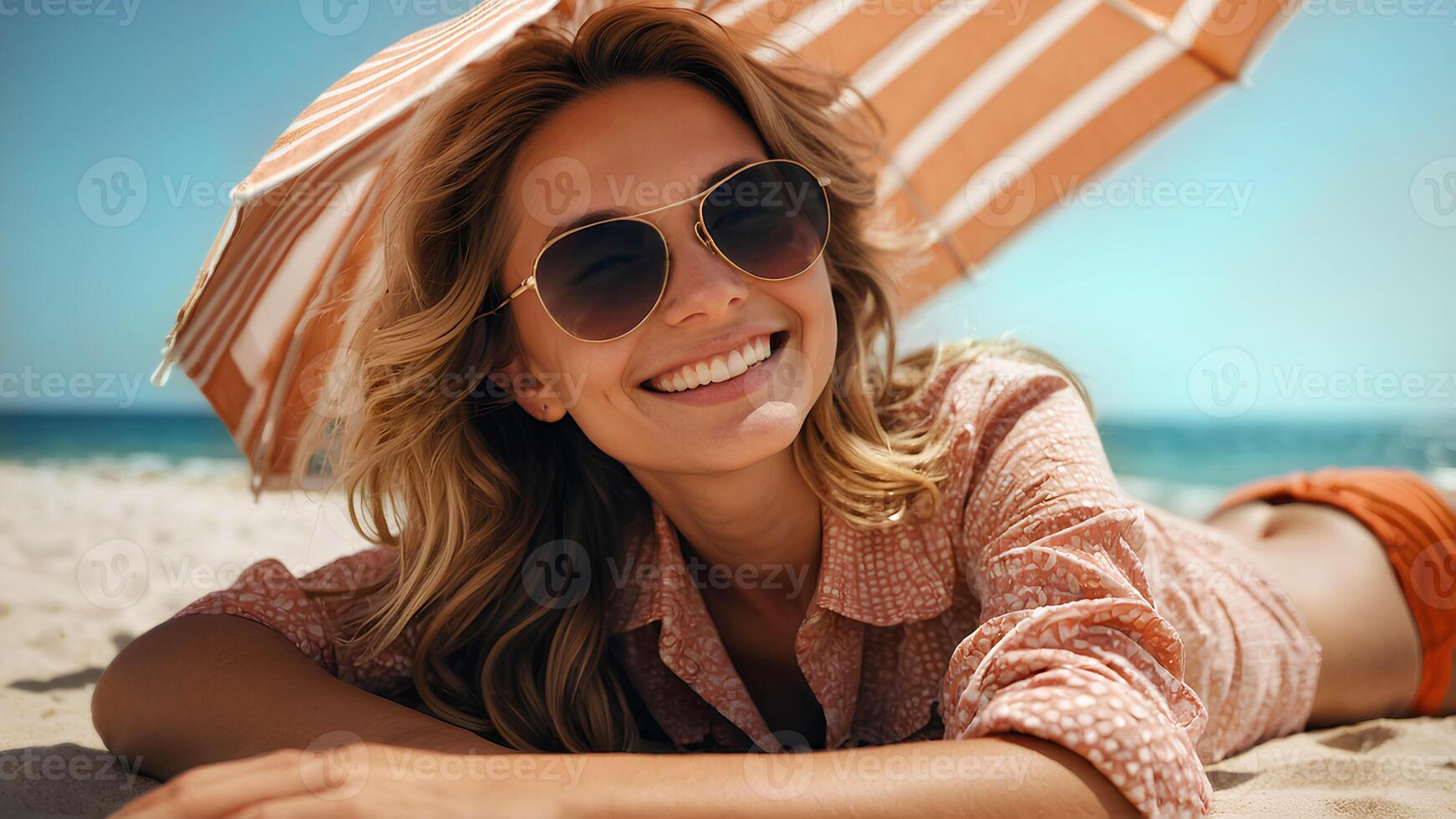 ai generato contento giovane donna nel occhiali da sole rilassante su il spiaggia. il godendo il tuo vacanza. estate vacanze e viaggio concetto foto