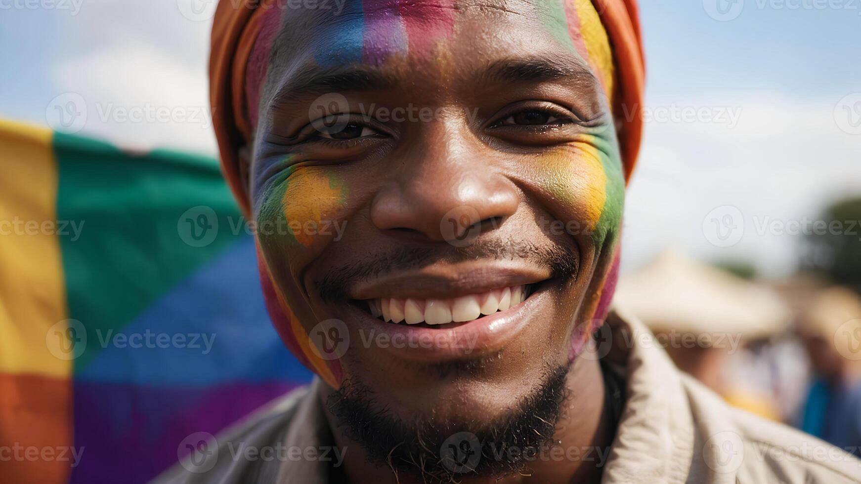 ai generato ritratto di contento africano americano uomo con arcobaleno dipinto su viso. stile di vita LGBTQ orgoglio concetto foto