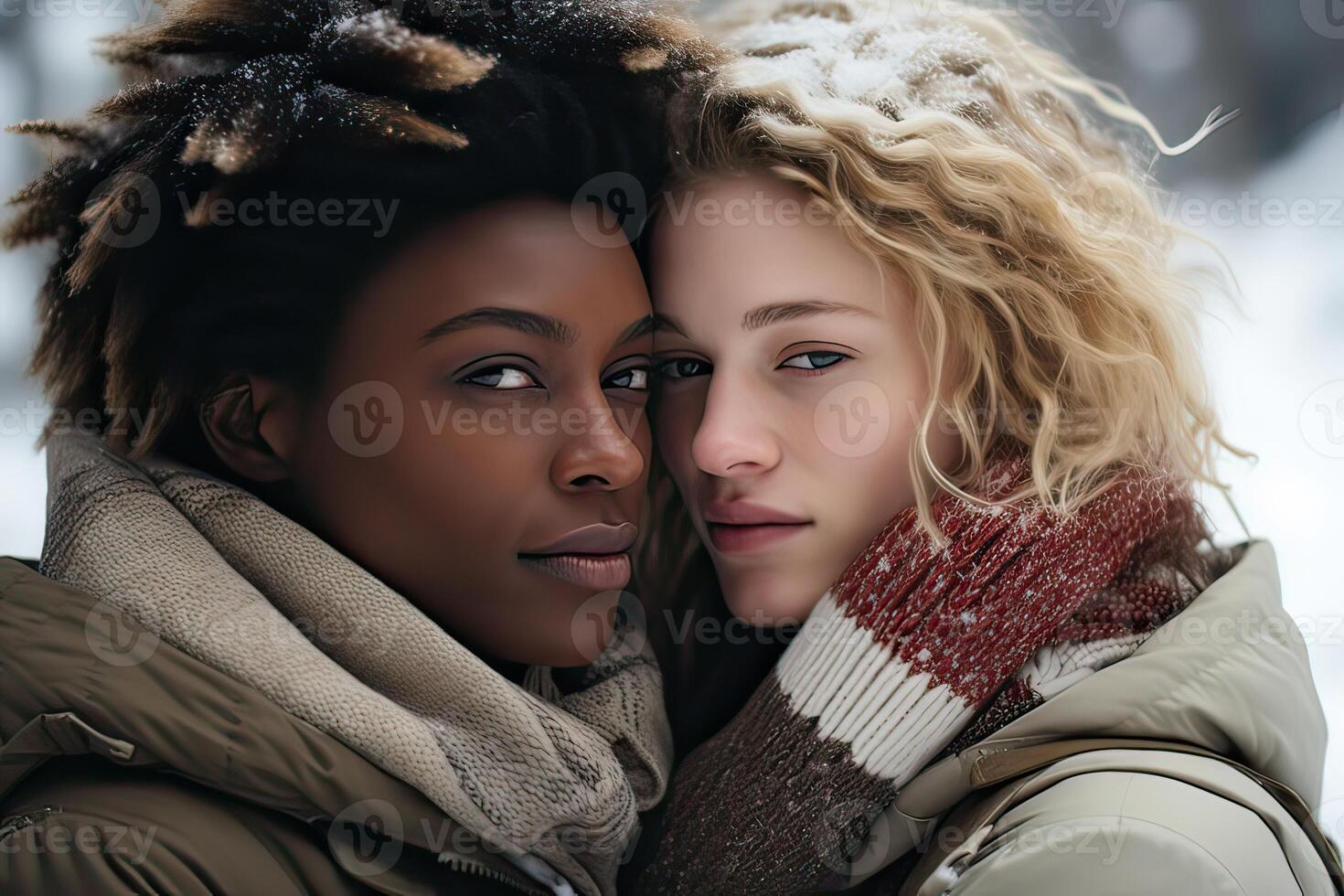 ai generato contento lesbica coppia nel amore, amiche abbracciare e sorridente nel un' nevoso foresta, inverno stagione. foto