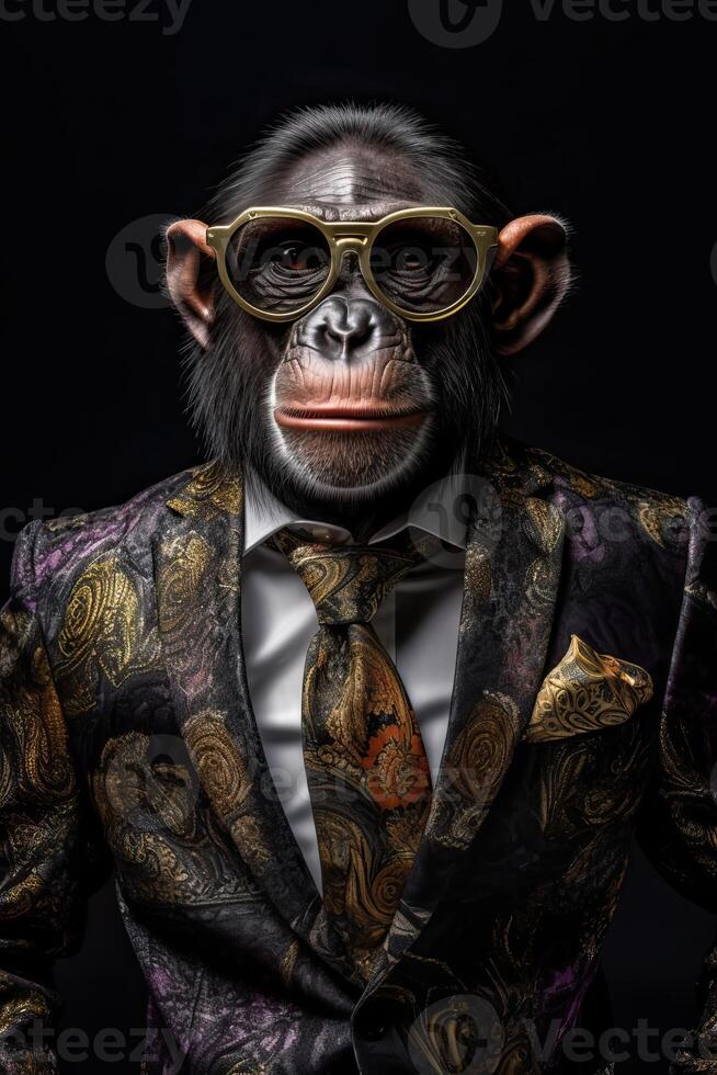 ai generato scimmia scimpanzé vestito nel un elegante completo da uomo con un' simpatico legare. moda ritratto di un antropomorfo foto