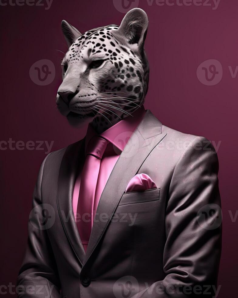 ai generato pantera vestito nel un elegante moderno completo da uomo con un' simpatico rosa legare. moda ritratto di un foto