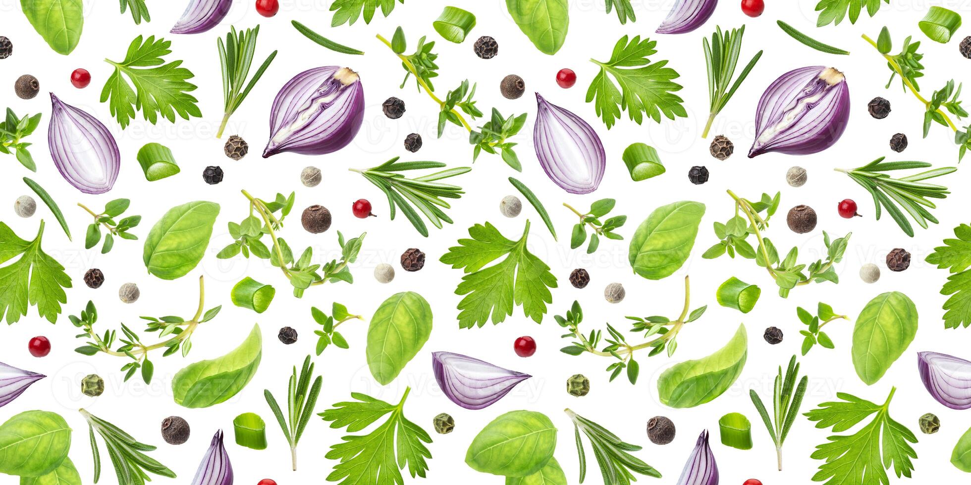 diverse spezie ed erbe aromatiche seamless pattern isolato su sfondo bianco, vista dall'alto foto