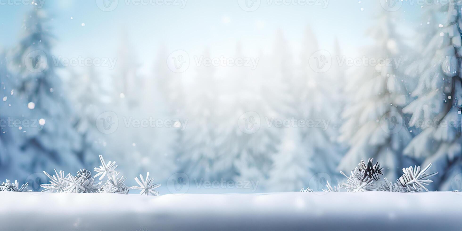 ai generato pino alberi sotto nevicata su ghiacciato blu sfondo coperto con neve, decorazione per inverno stagione, foto
