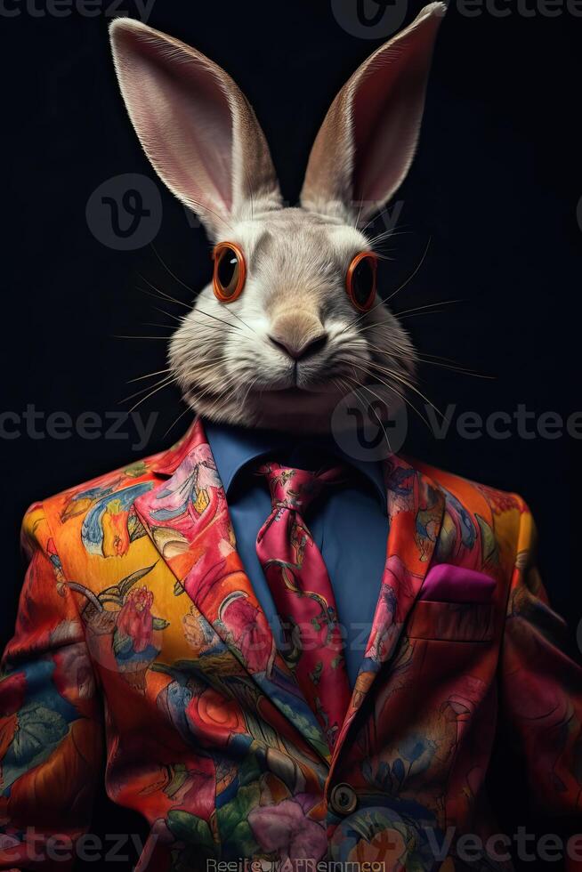 ai generato coniglio vestito nel un elegante multicolore completo da uomo con un' simpatico legare. moda ritratto di un foto