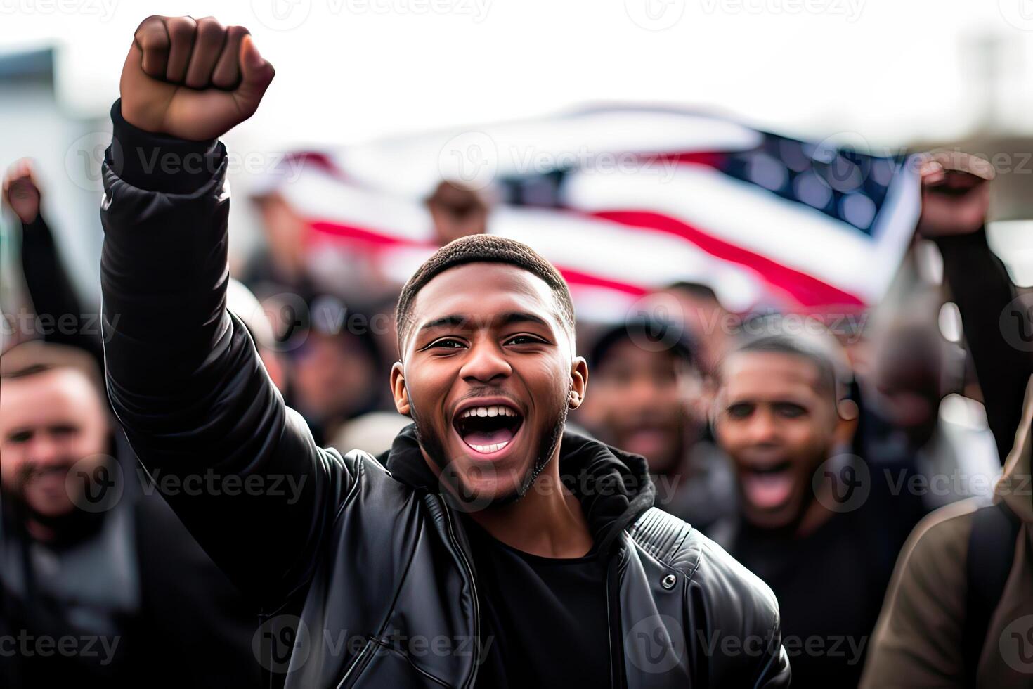 ai generato un' determinato africano americano uomo nel davanti di Stati Uniti d'America bandiera tra il folla, orgoglioso e fiducioso, foto