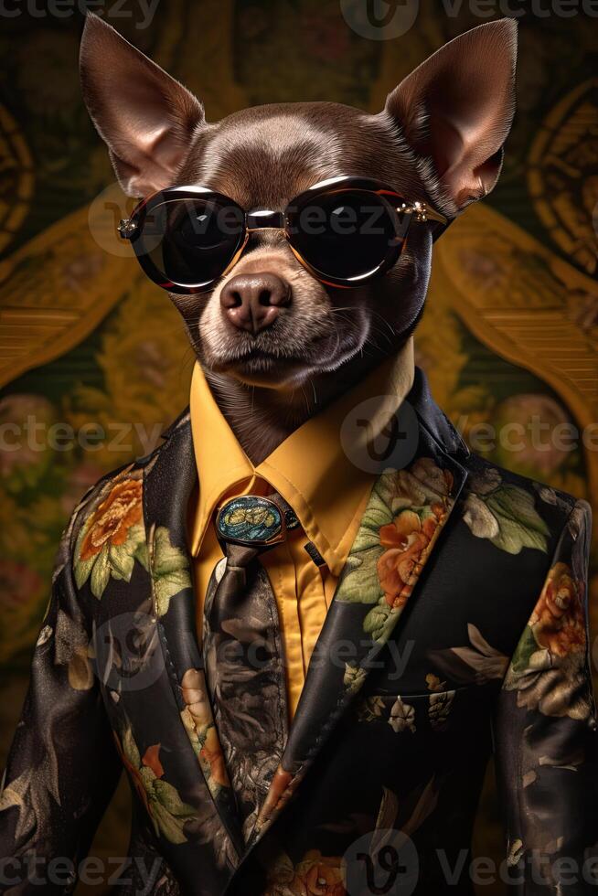 ai generato cane chihuahua vestito nel un elegante moderno completo da uomo con un' simpatico legare, indossare occhiali da sole e un' cap. foto