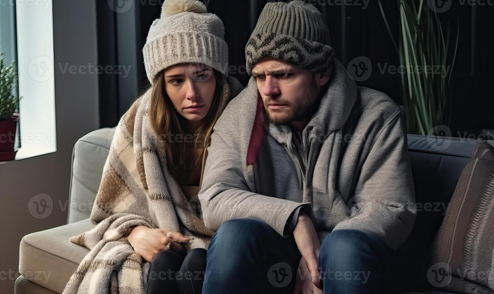 ai generato coppia avvolto su caldo con cappotto sciarpa e cappello sat su un' divano al chiuso, provando per mantenere caldo nel inverno foto