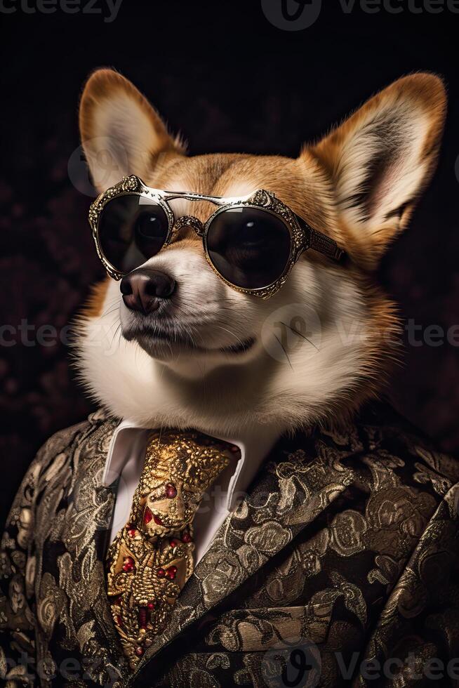 ai generato cane, corgi vestito nel un elegante moderno floreale completo da uomo. moda ritratto di un antropomorfo animale, foto